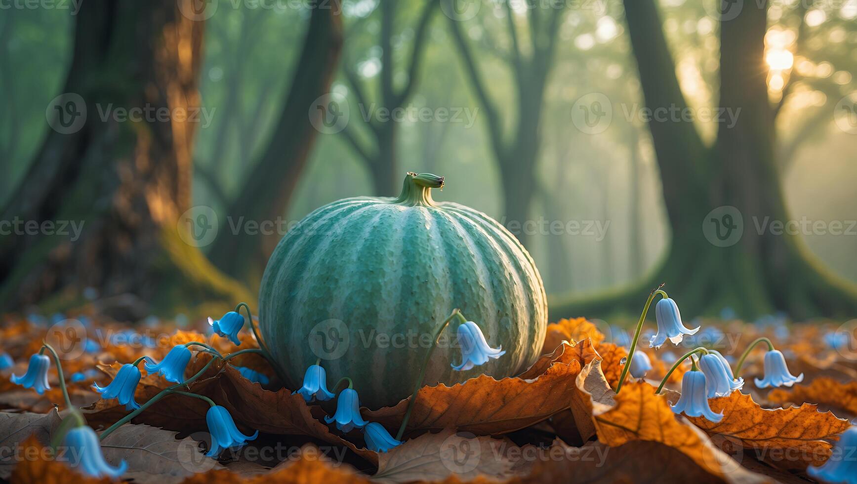 Pumpkin in Forest Setting with Autumn Leaves and Blue Flowers photo
