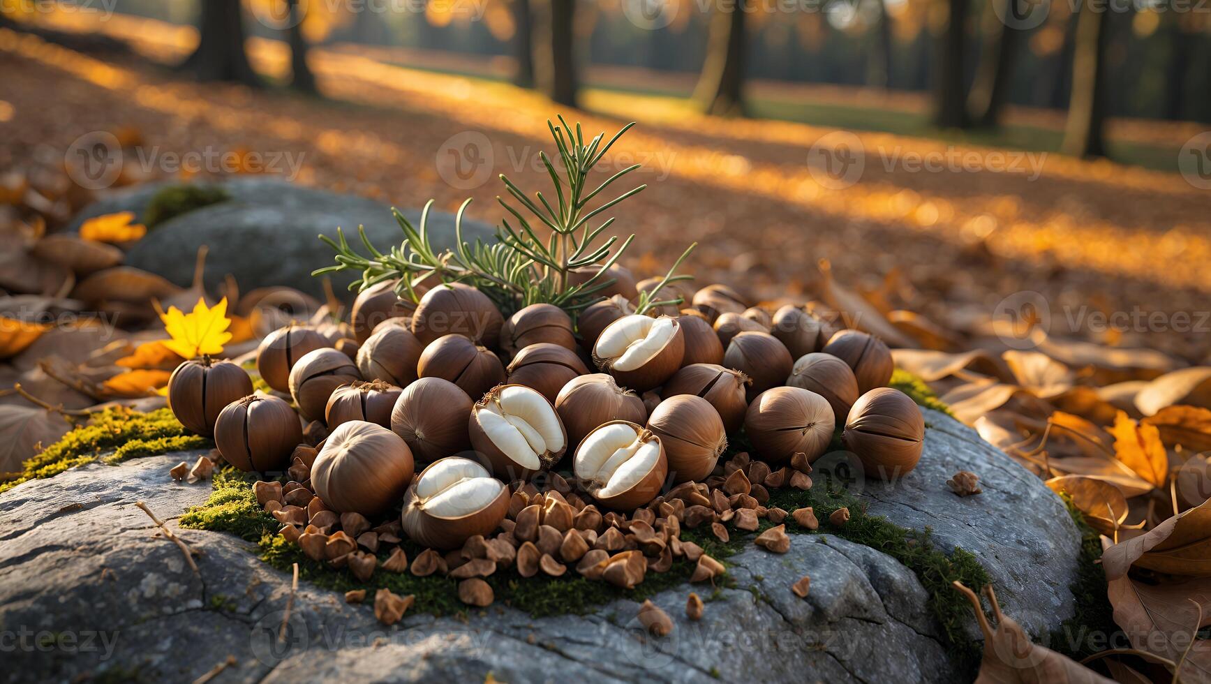 Gathered Nuts and Autumn Leaves in Peaceful Outdoor Forest Scene photo
