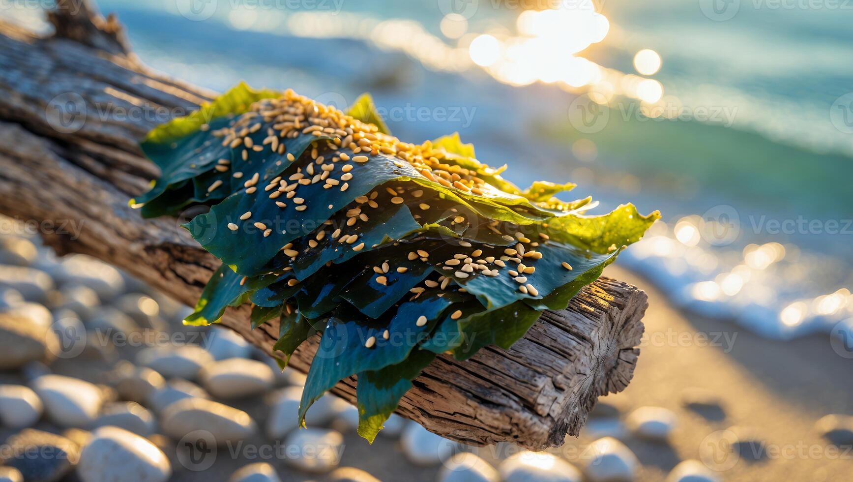 Wakame Seaweed with Sesame Seeds on Wood Log by Ocean photo