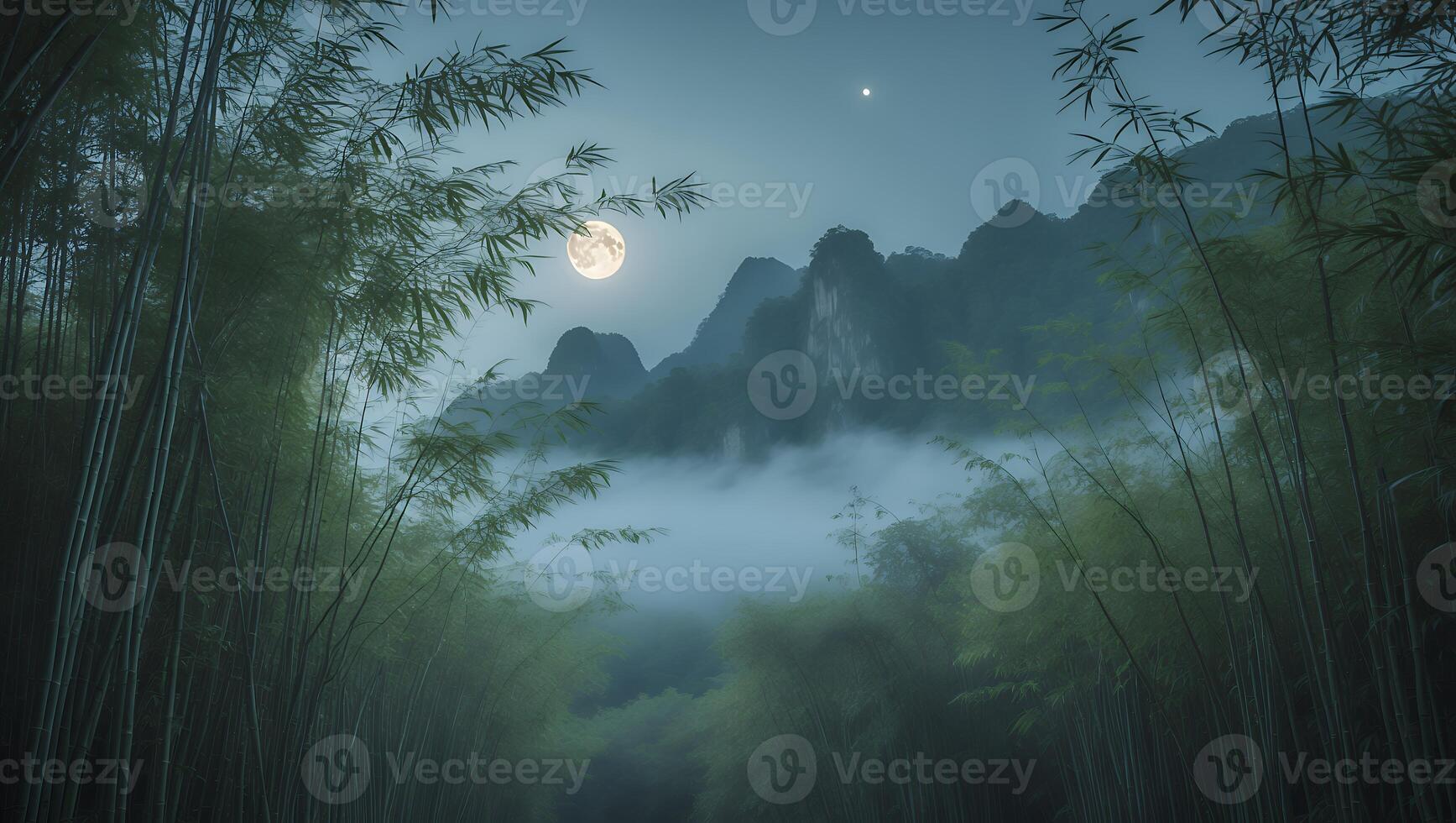 Full Moon Over Fog Shrouded Mountains Through a Bamboo Forest photo