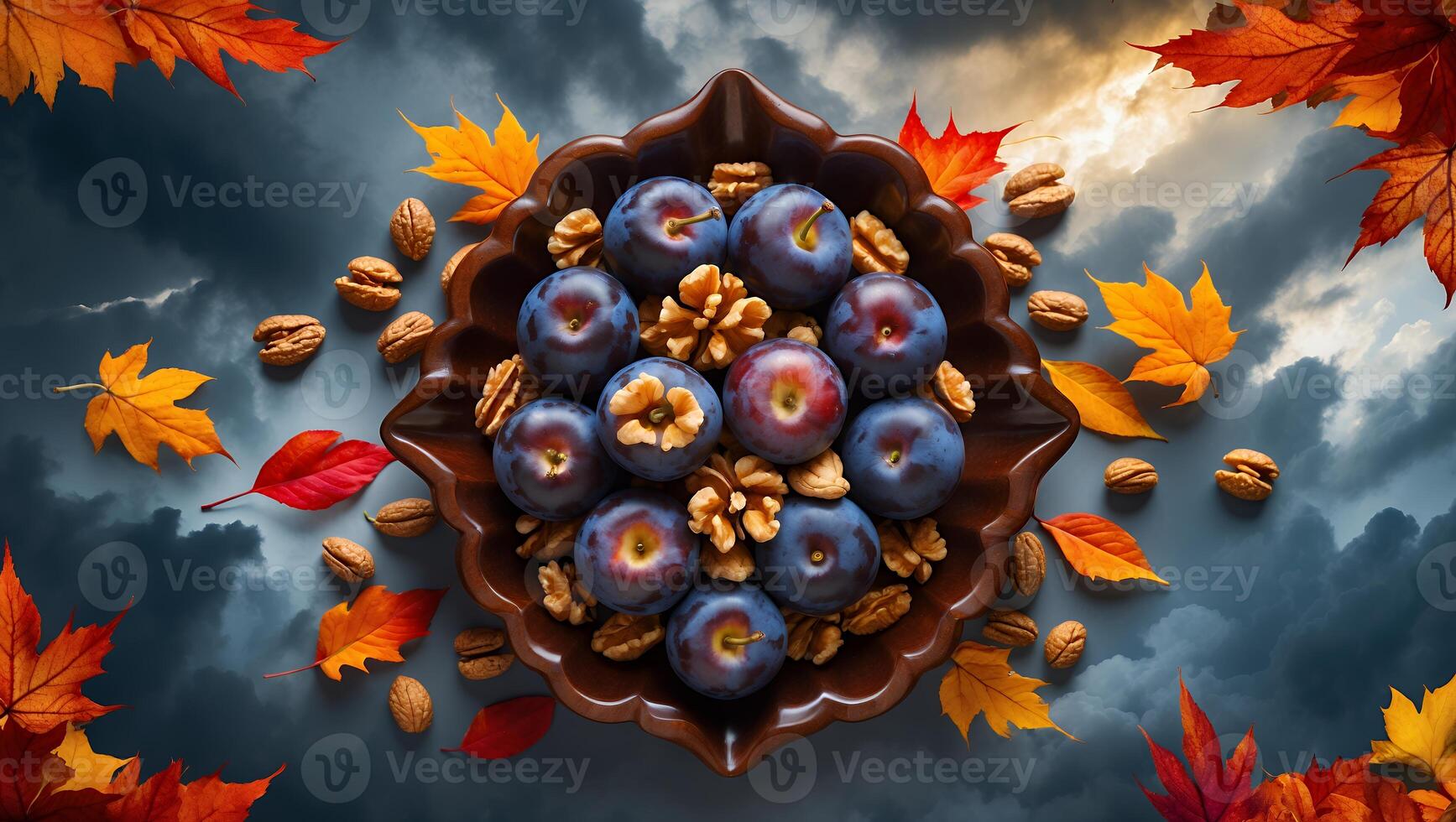 Plums and Walnuts in Bowl with Autumn Leaves Background photo