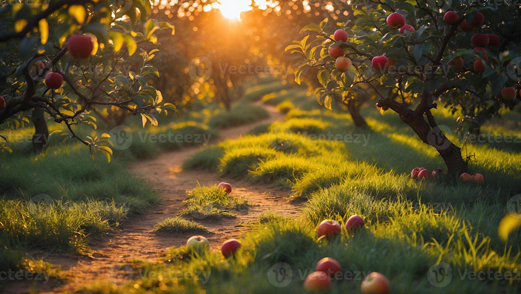 Walking Path Through Apple Orchard at Sunset with Golden Light photo