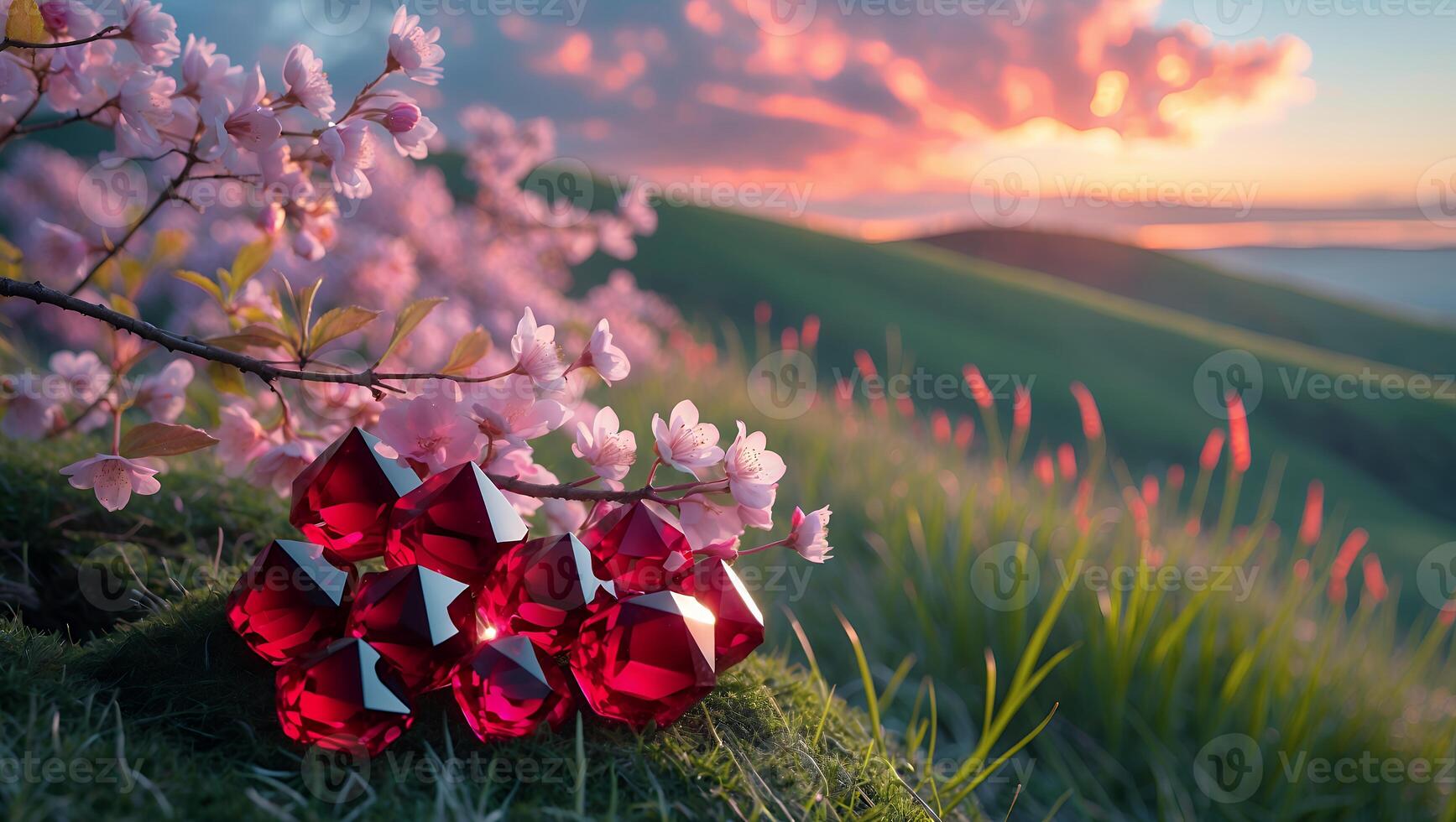 Red Crystals Sparkle on Mossy Ground with Blossoms and Sunset photo