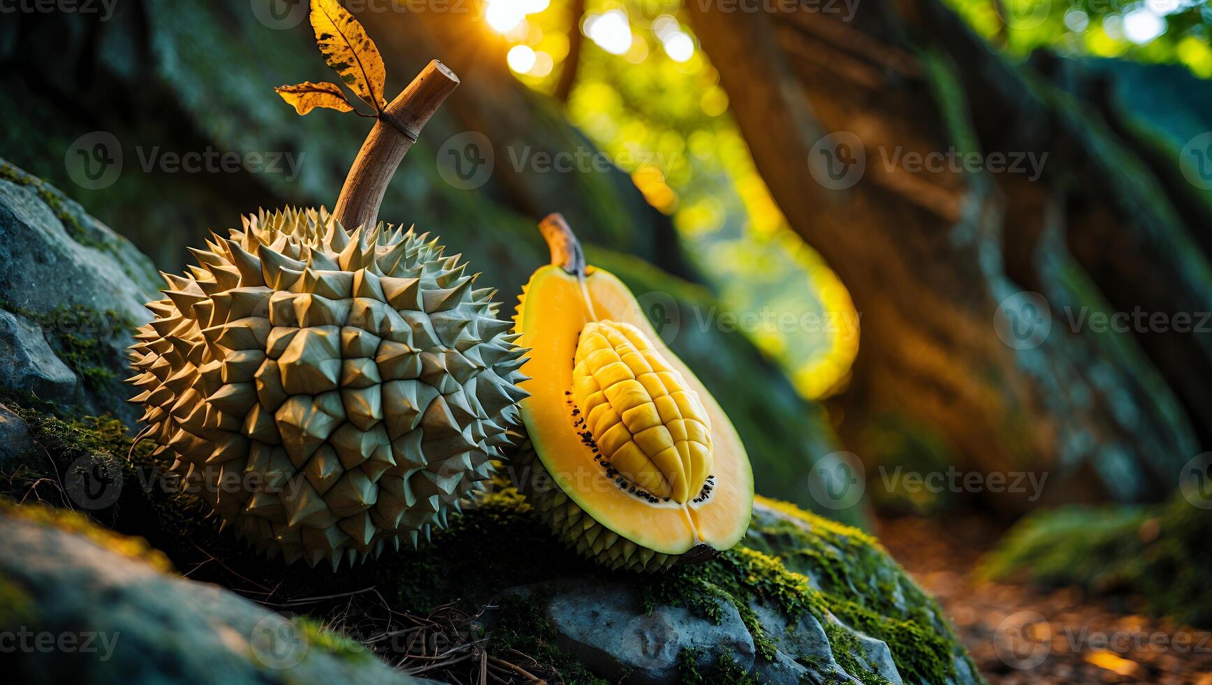 Examining Durian Fruit Cut Open with Interesting Exterior Texture photo