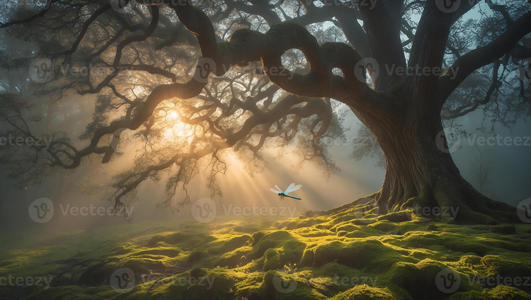 Enchanting Sunlight Filtering Through Ancient Tree with Dragonfly Flying photo
