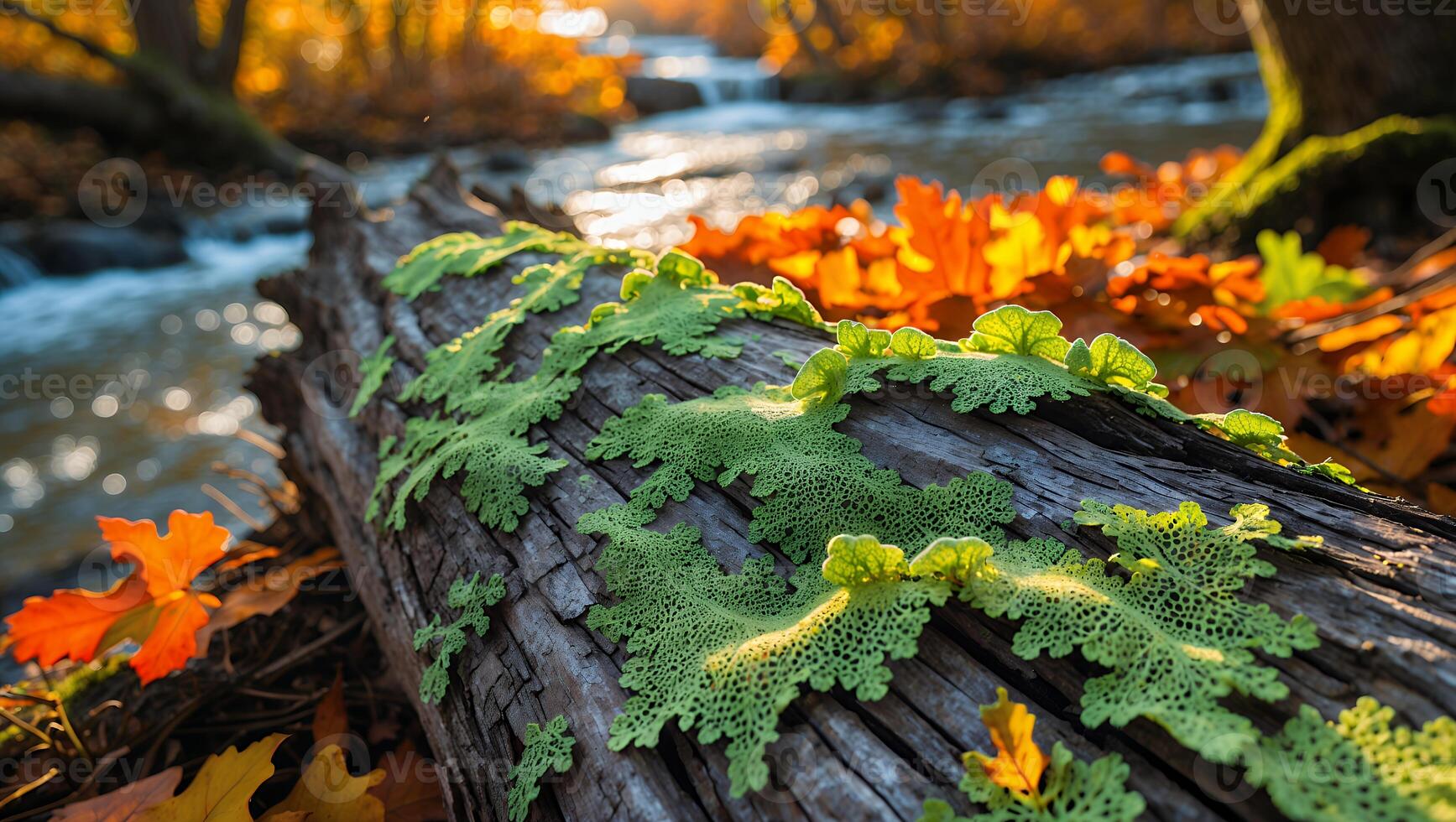 Fallen Tree Trunk Covered in Green Lichen Near Flowing Stream photo
