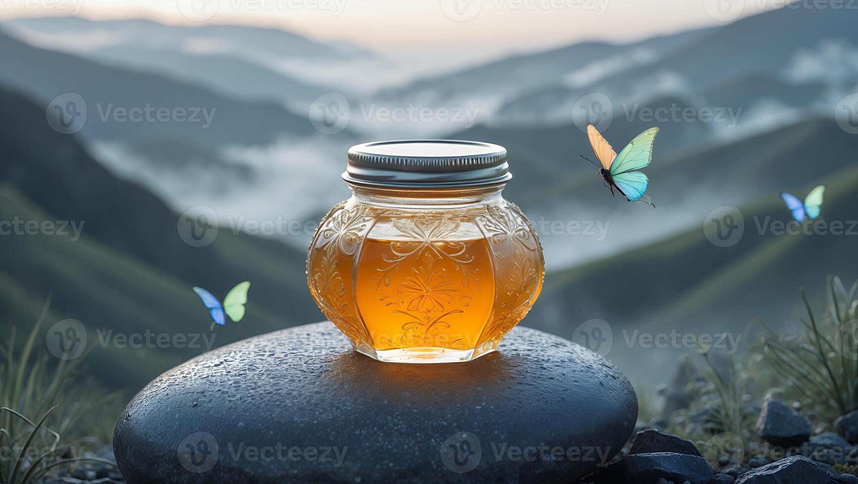 Jar of Honey on Stone with Butterflies in Mountain Landscape photo