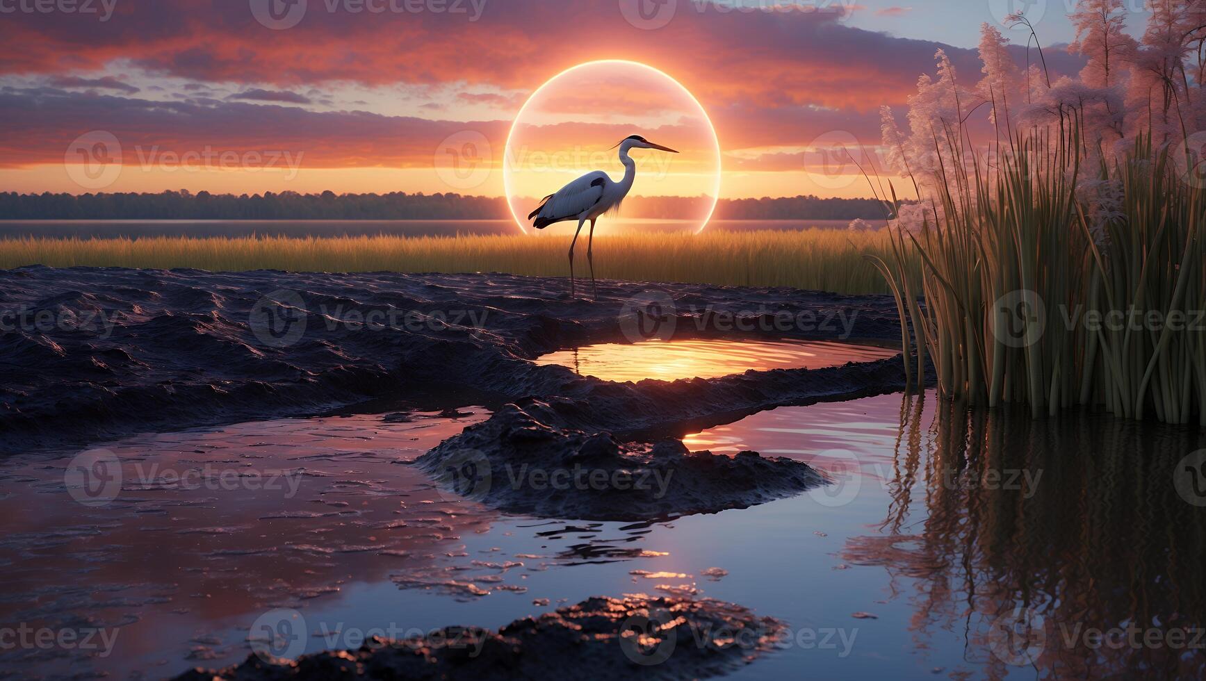 Heron Standing in Wetland During Colorful Scenic Sunset Glow photo