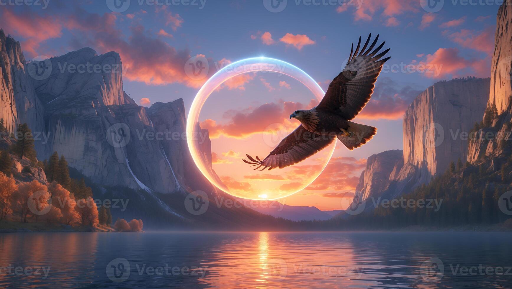 Eagle Soaring Over Tranquil Lake at Sunset with Mountain Backdrop photo