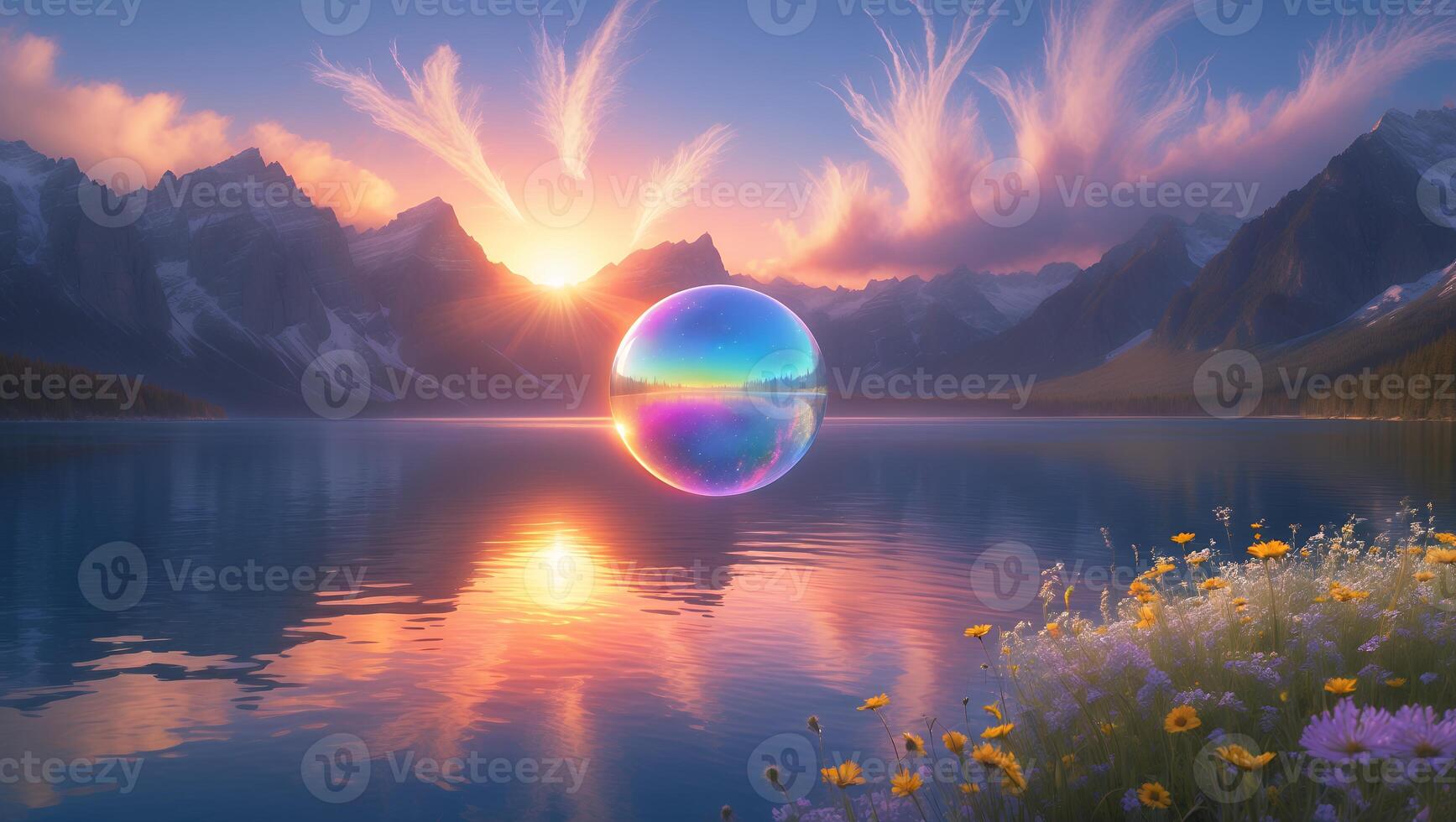 Lake Reflection with Sunset and Sphere in Mountain Landscape Scenery photo