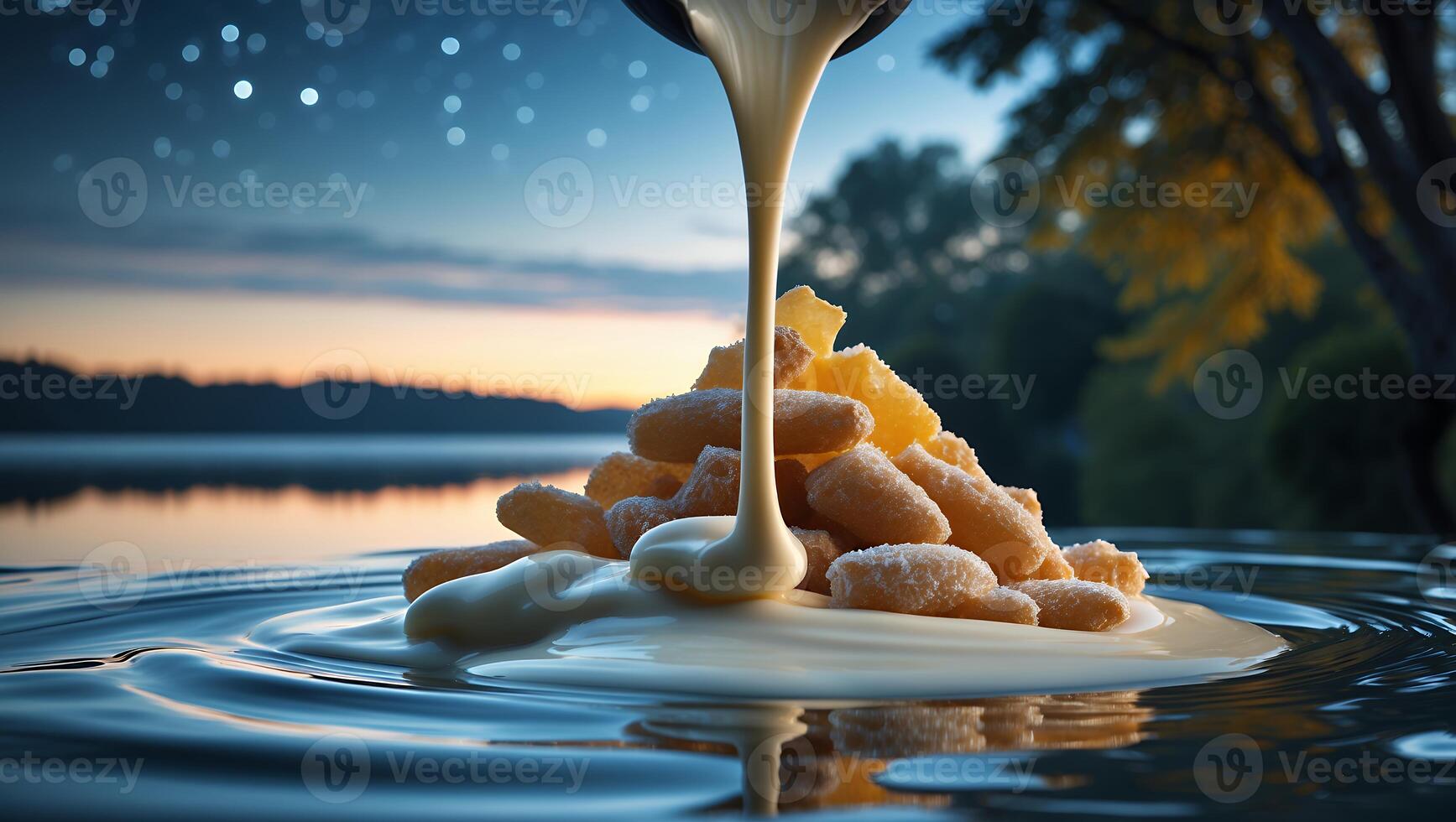 Sauce Pouring Onto Snack Foods by a Lake During Sunset photo