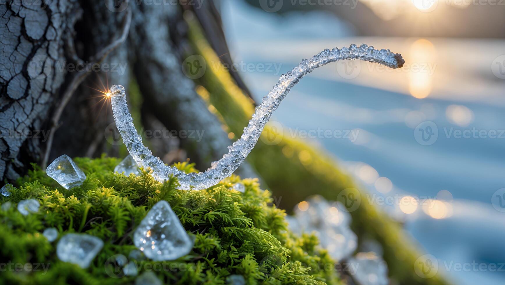 Melting Ice Formation on Moss with Sunlight and Winter Landscape photo