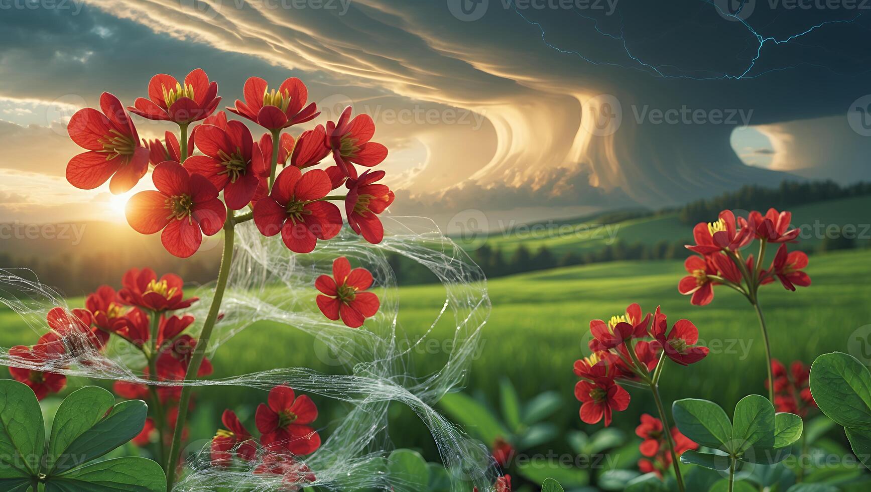 Red Flower Field Under Dramatic Sky with Approaching Storm Clouds photo
