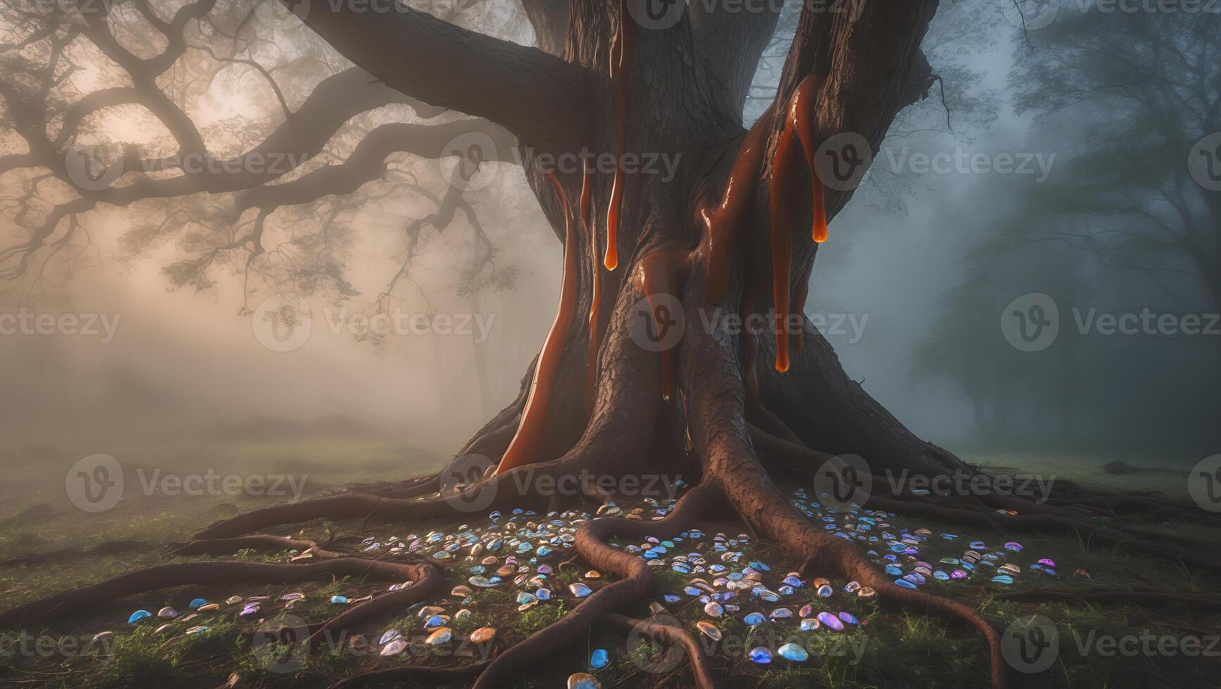 Enormous Tree Drizzling Sap in Mystical Foggy Forest Scape photo