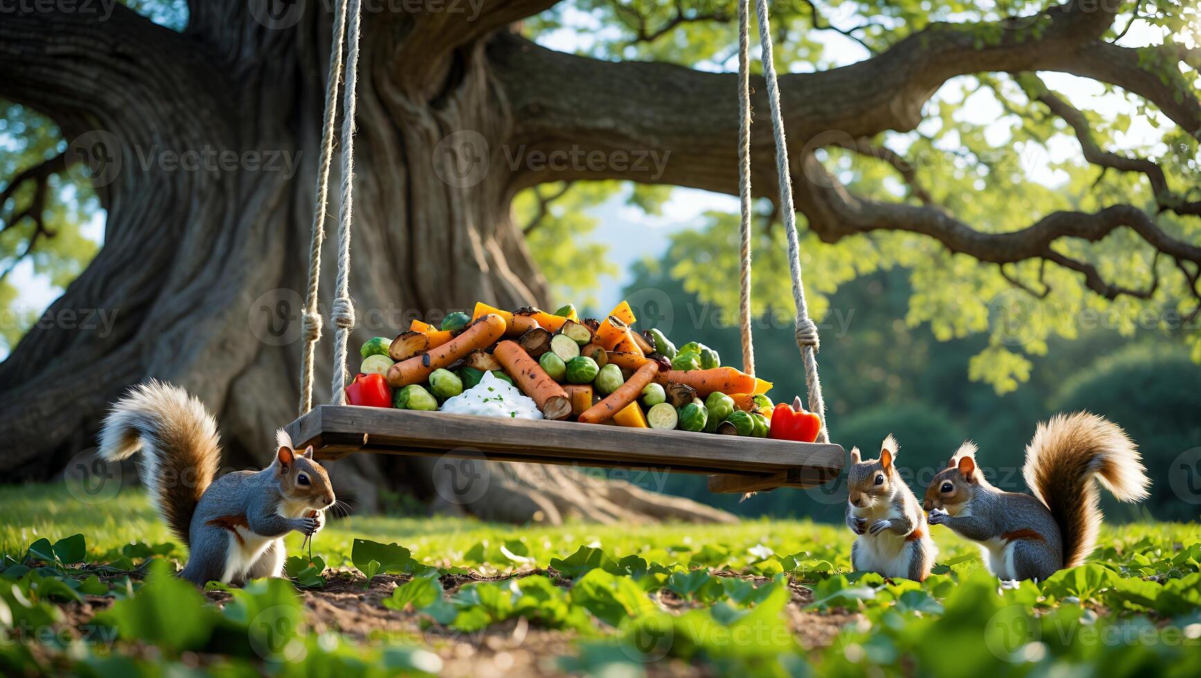 Squirrels Eating Roasted Vegetables on a Swing Under a Big Tree photo
