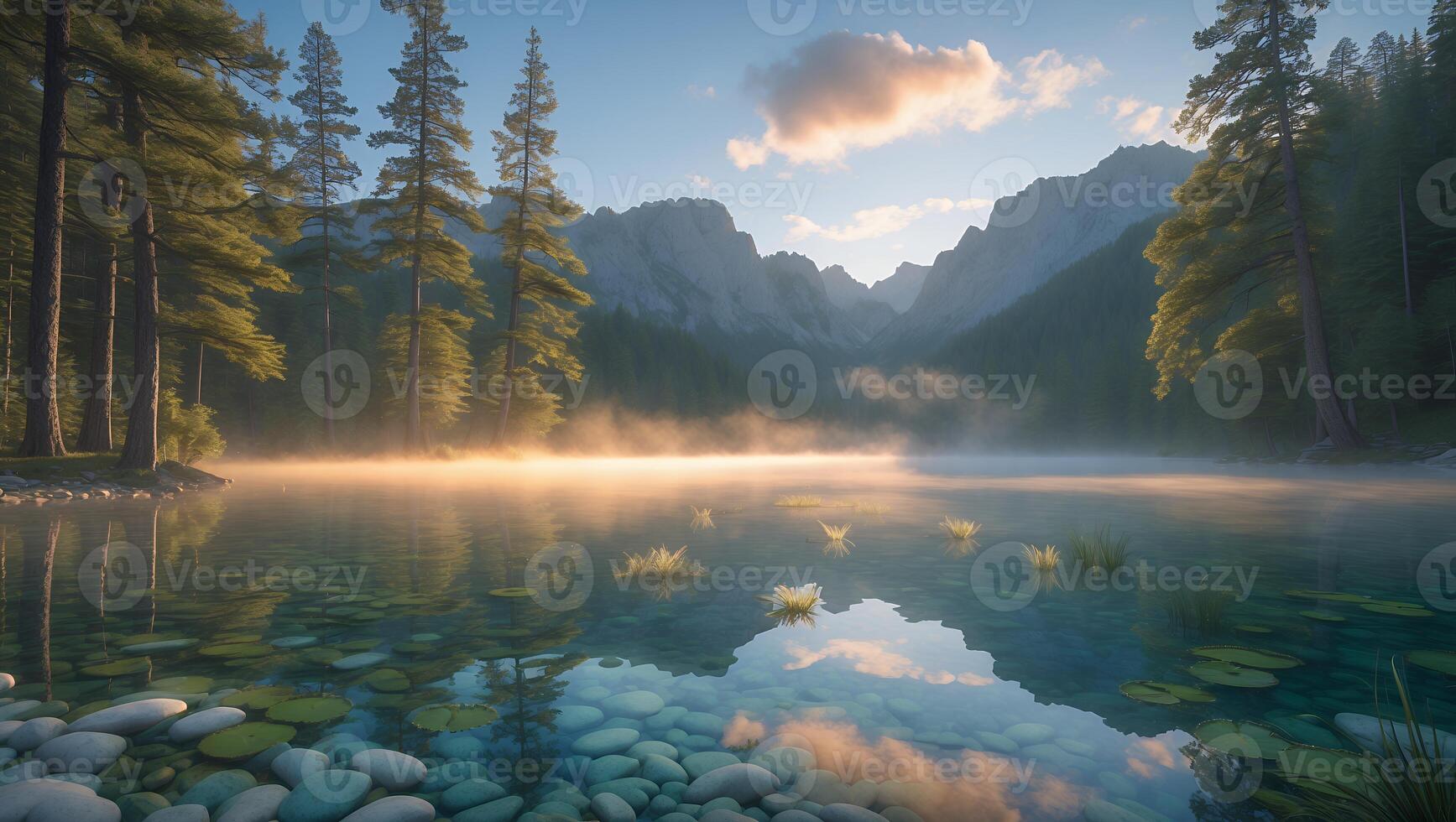 Reflective Mountain Lake with Mist and Forest at Early Morning photo