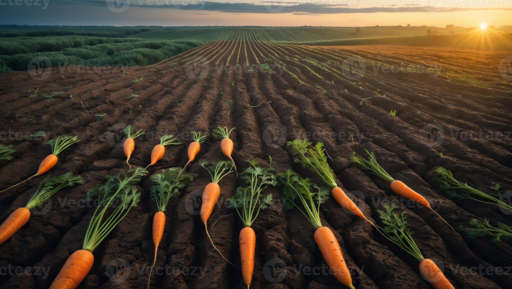 Carrot Harvest on Field at Sunset with Dramatic Sunlight Rays photo