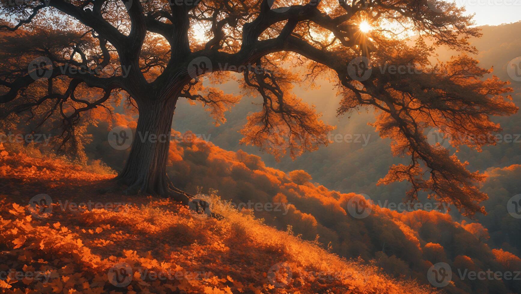 Majestic Tree in Autumnal Forest with Golden Sunlight Peeking Through photo