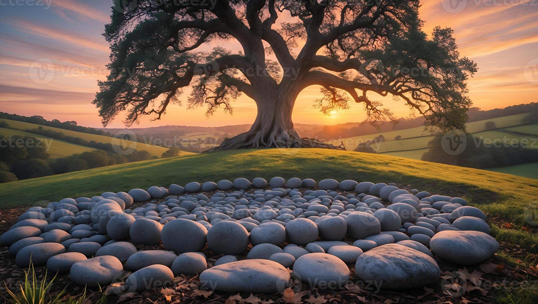 Majestic Tree and Stone Circle at Sunset in a Rural Landscape photo