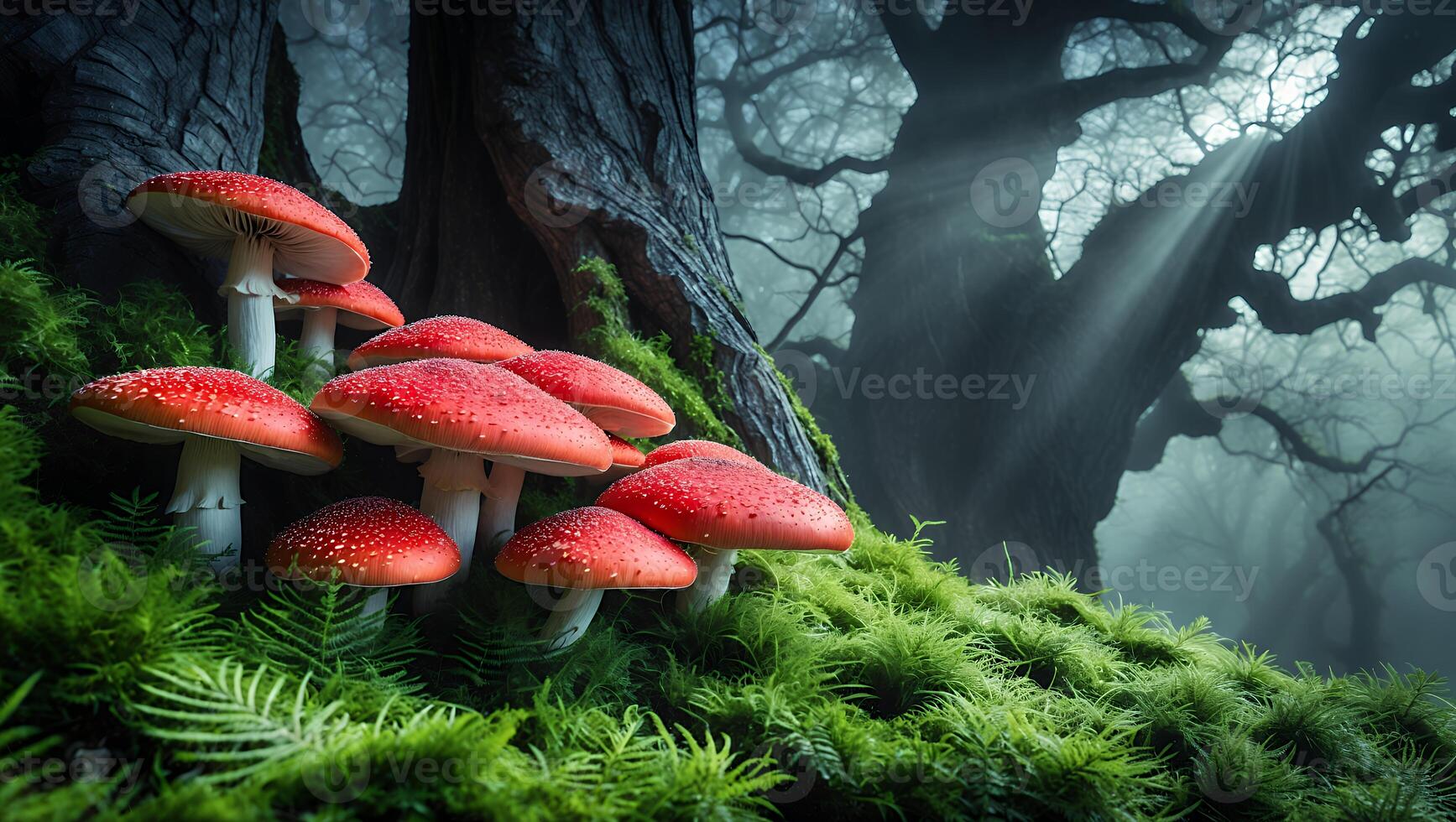Red Mushroom Cluster on Mossy Hillside in a Misty Forest Scene photo