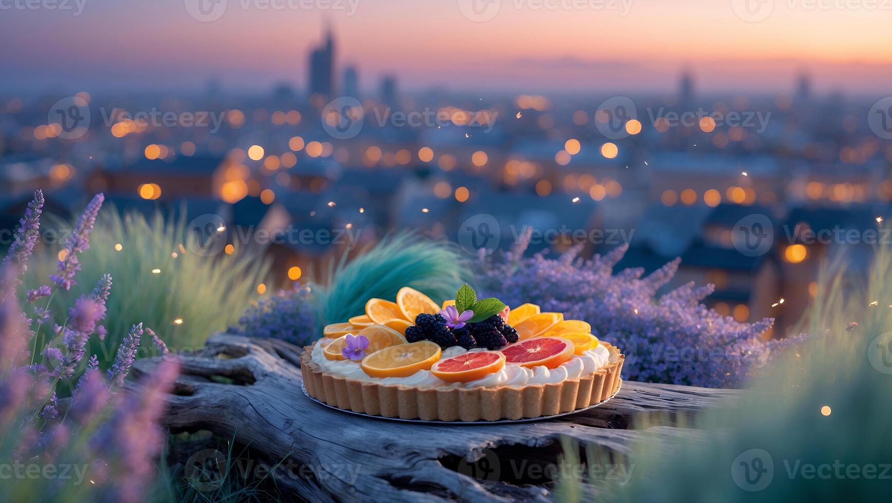 Fruit Tart Displayed at Sunset with City Lights in the Background photo