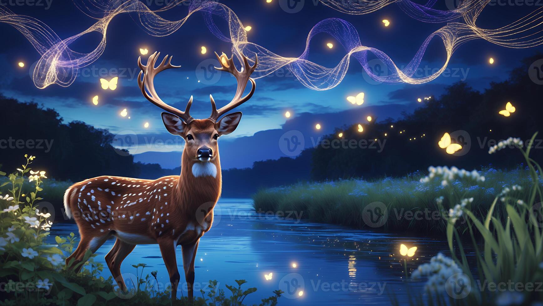 Deer Standing by River with Glowing Butterflies at Night photo