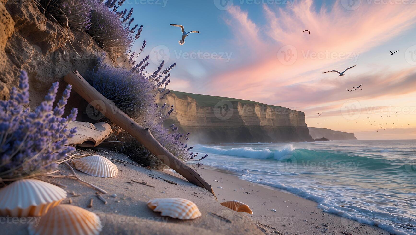 Seaside Serenity with Lavender and Shells at Coastal Sunset photo