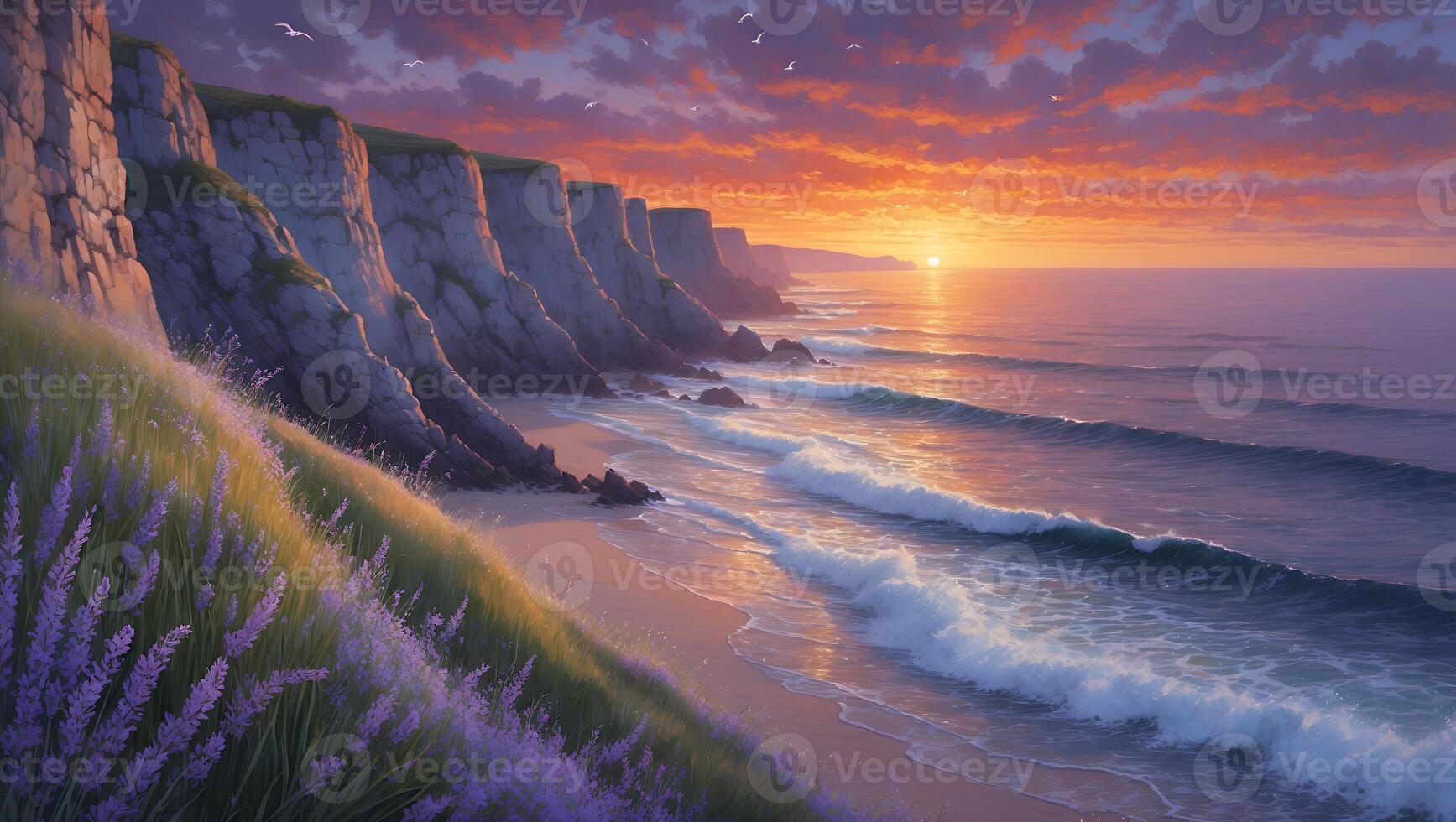 Ocean Waves Washing on Shore at Sunset with Cliffs and Flowers photo