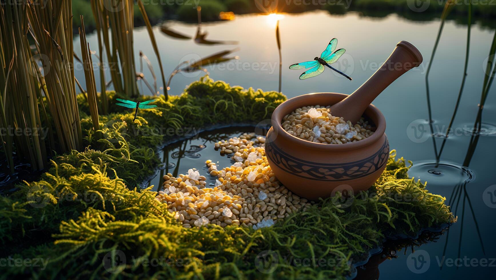Floating Moss Island with Bowl of Seeds and Dragonflies at Sunset photo