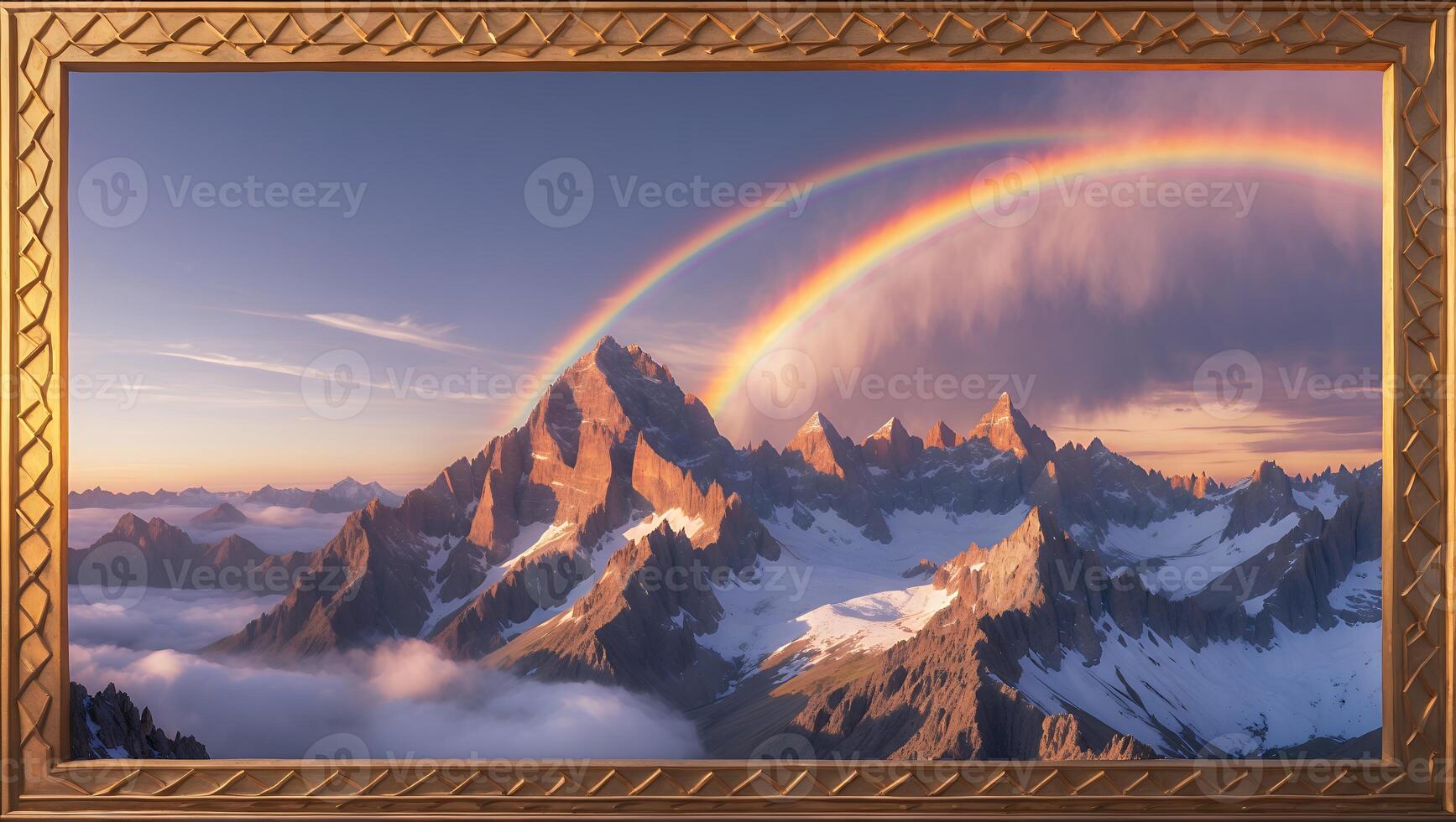 Framed Mountain Peaks Landscape with Rainbow After the Storm photo