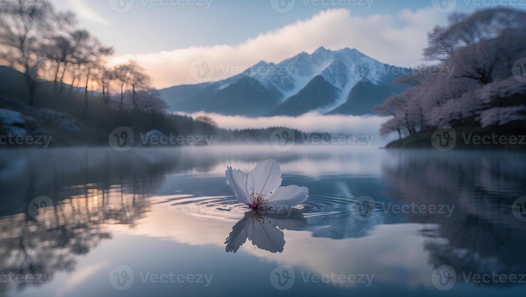 Floating Blossom Reflecting in Calm Lake with Distant Snowy Mountains photo