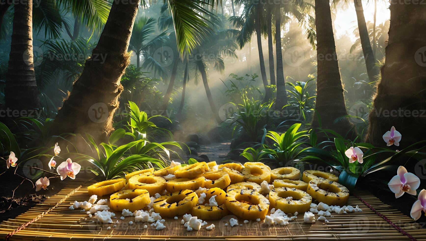 Serving Grilled Pineapple Rings in Tropical Jungle Setting with Flowers photo