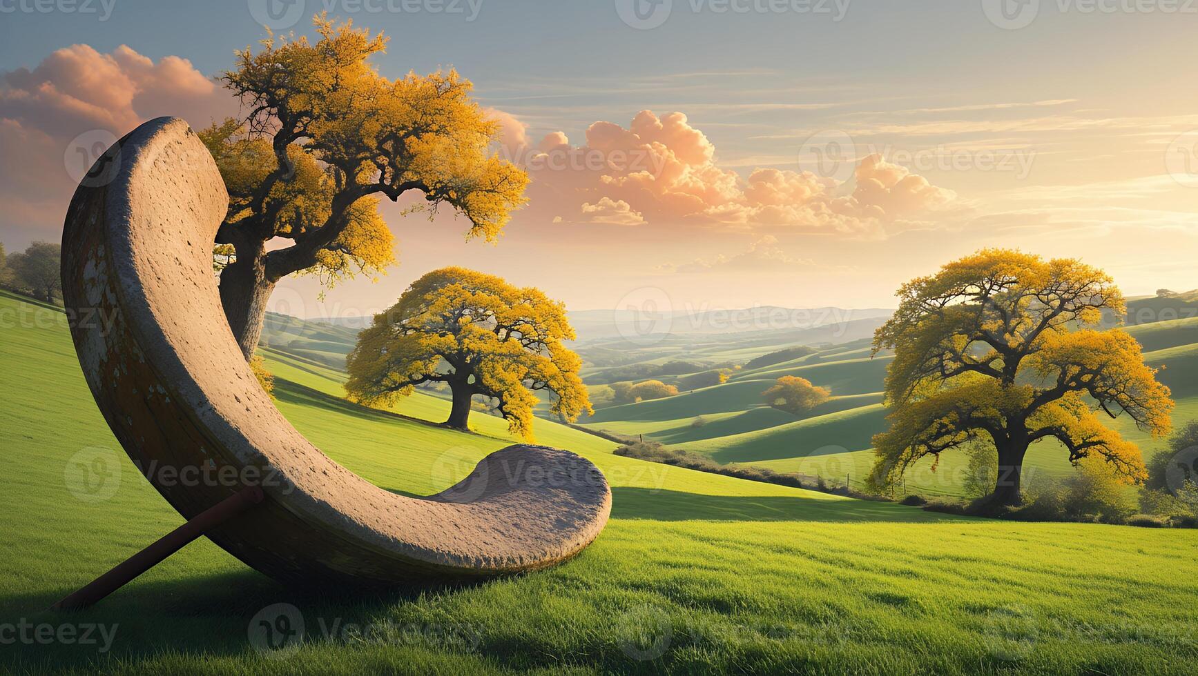 Scenic Green Landscape with Rolling Hills and Unique Stone Feature photo