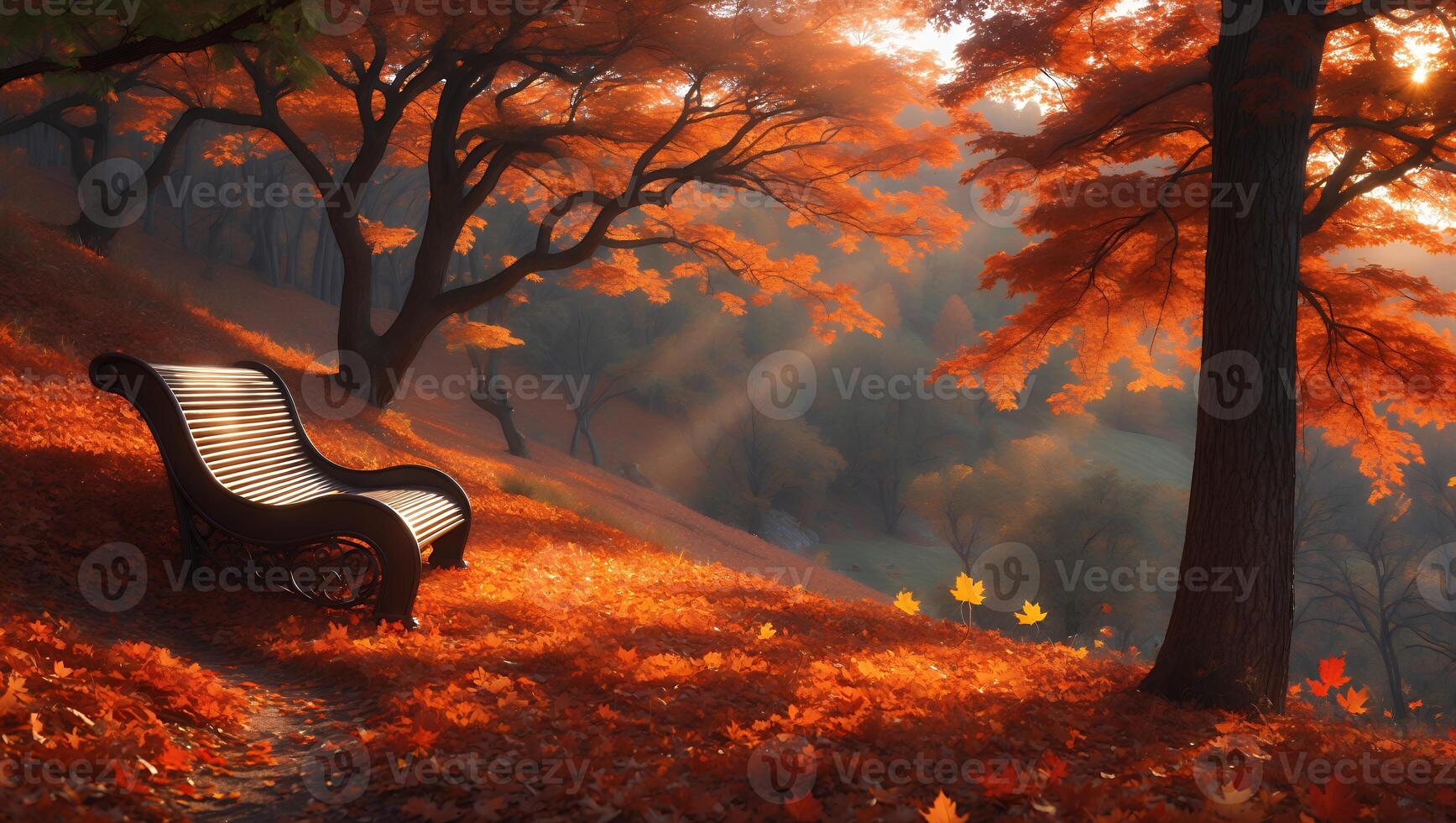 Bench in Autumn Forest with Fallen Leaves and Sunlight Shining Through photo