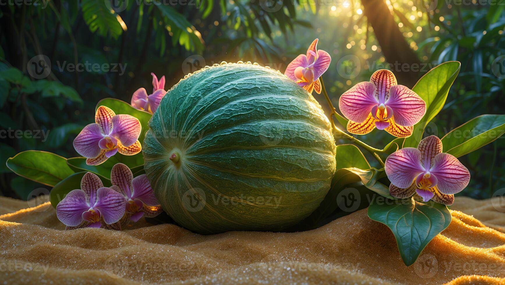 Green Melon Surrounded by Exotic Orchids in a Tropical Setting photo