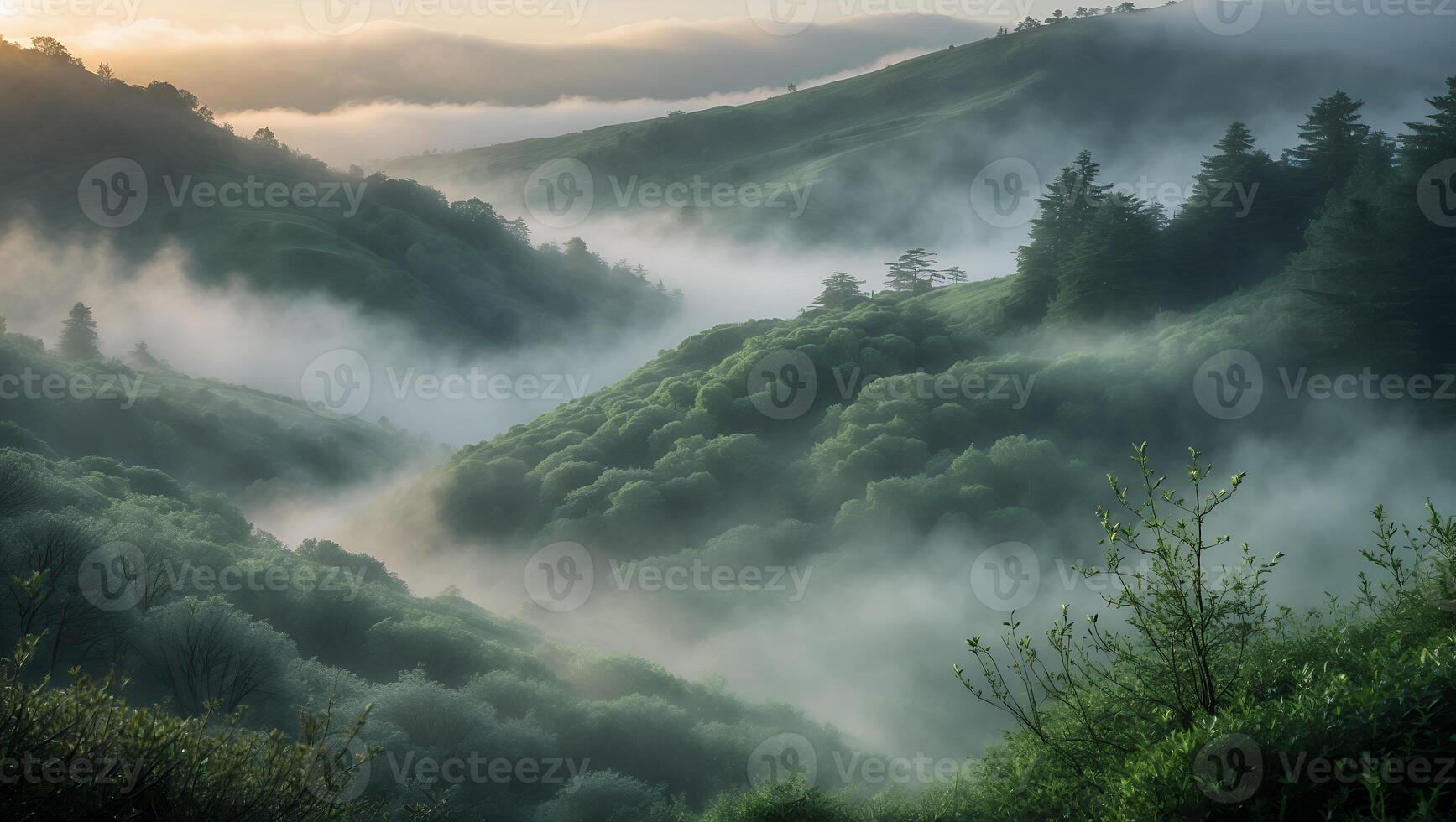 Foggy Hills and Lush Green Forest Landscape Creates Mysterious Atmosphere photo