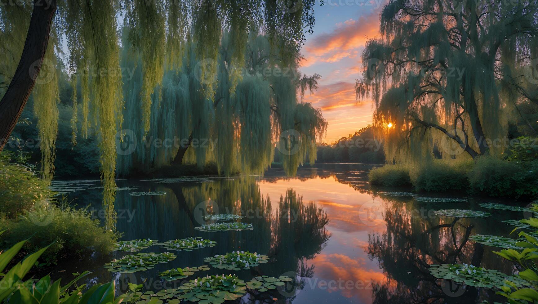 Willow Trees Reflecting Sunset Sky on Calm Lake with Lily Pads photo