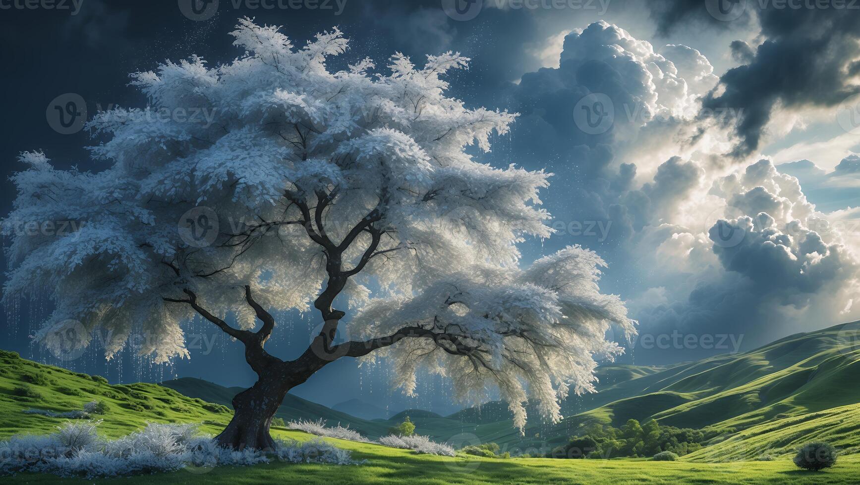 White Tree Stands in Rolling Hills with Dramatic Cloudy Sky photo