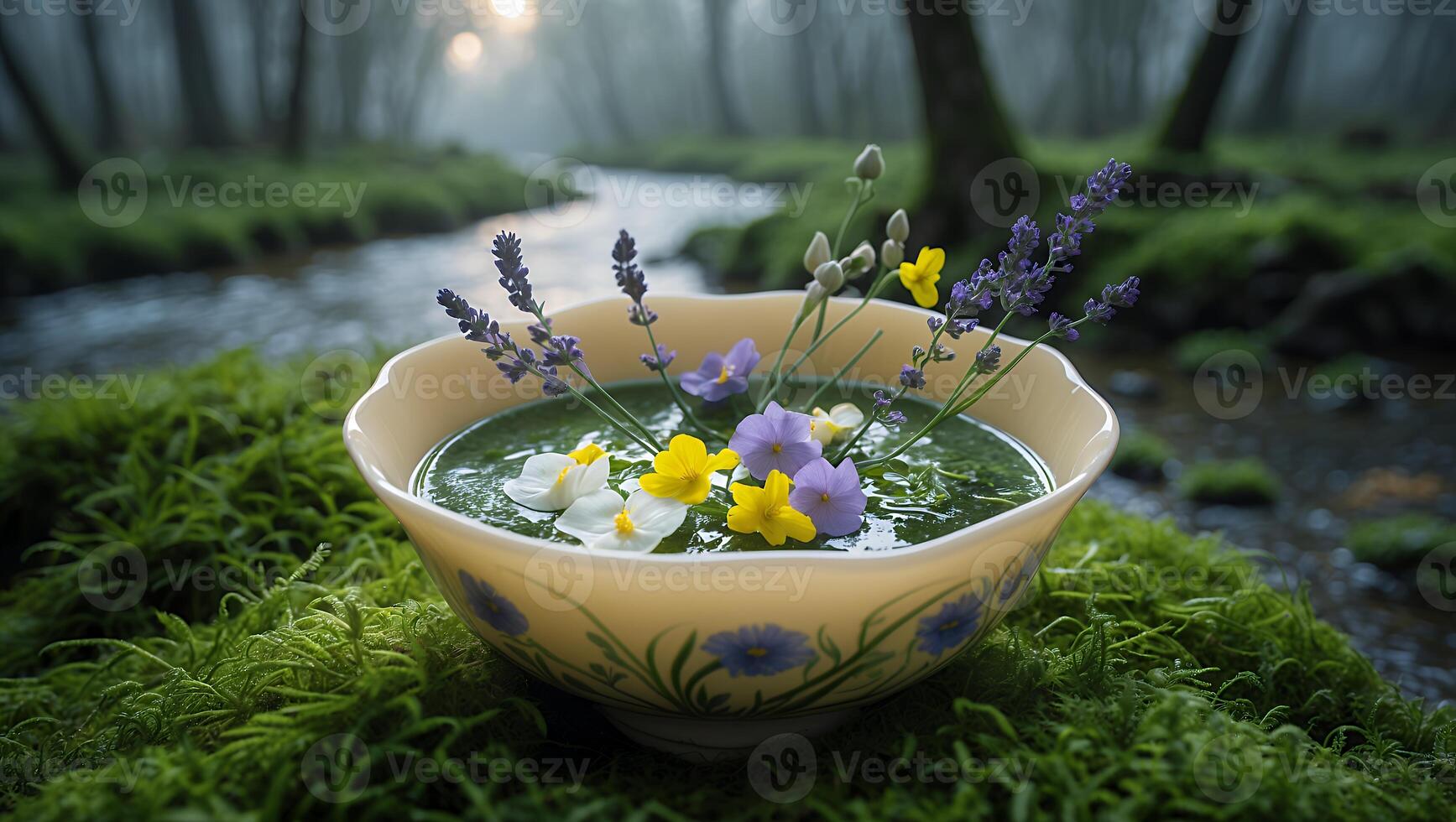 Flowers in a Bowl with Water Sitting on Moss in Forest photo
