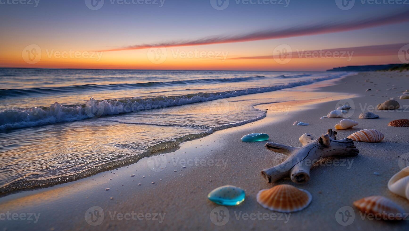 Beach at Sunset with Seashells, Driftwood, and Ocean Waves photo
