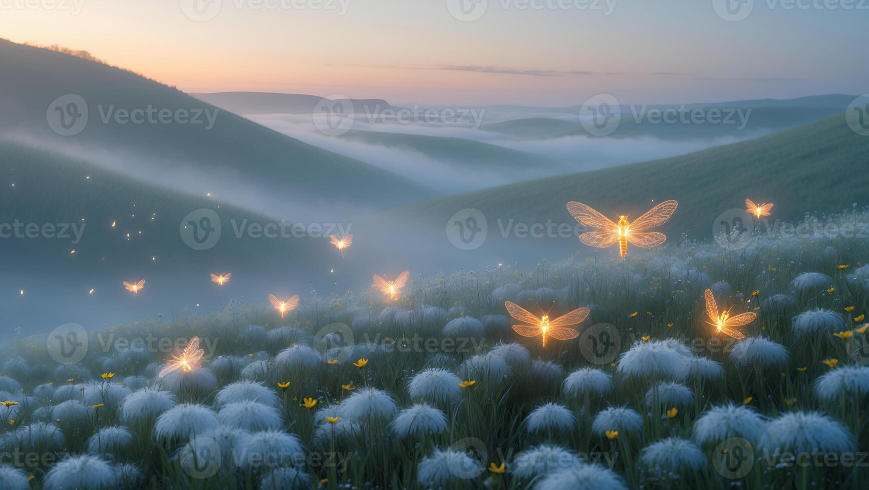 Glowing Insect Flying Over Misty Green Field at Sunset Time photo