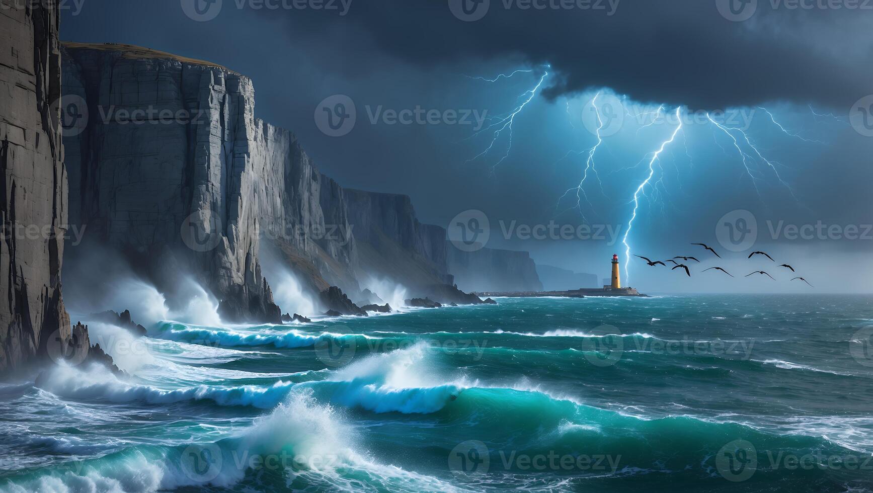 Stormy Ocean Waves Crash Near Cliffs with Distant Lighthouse Strike photo