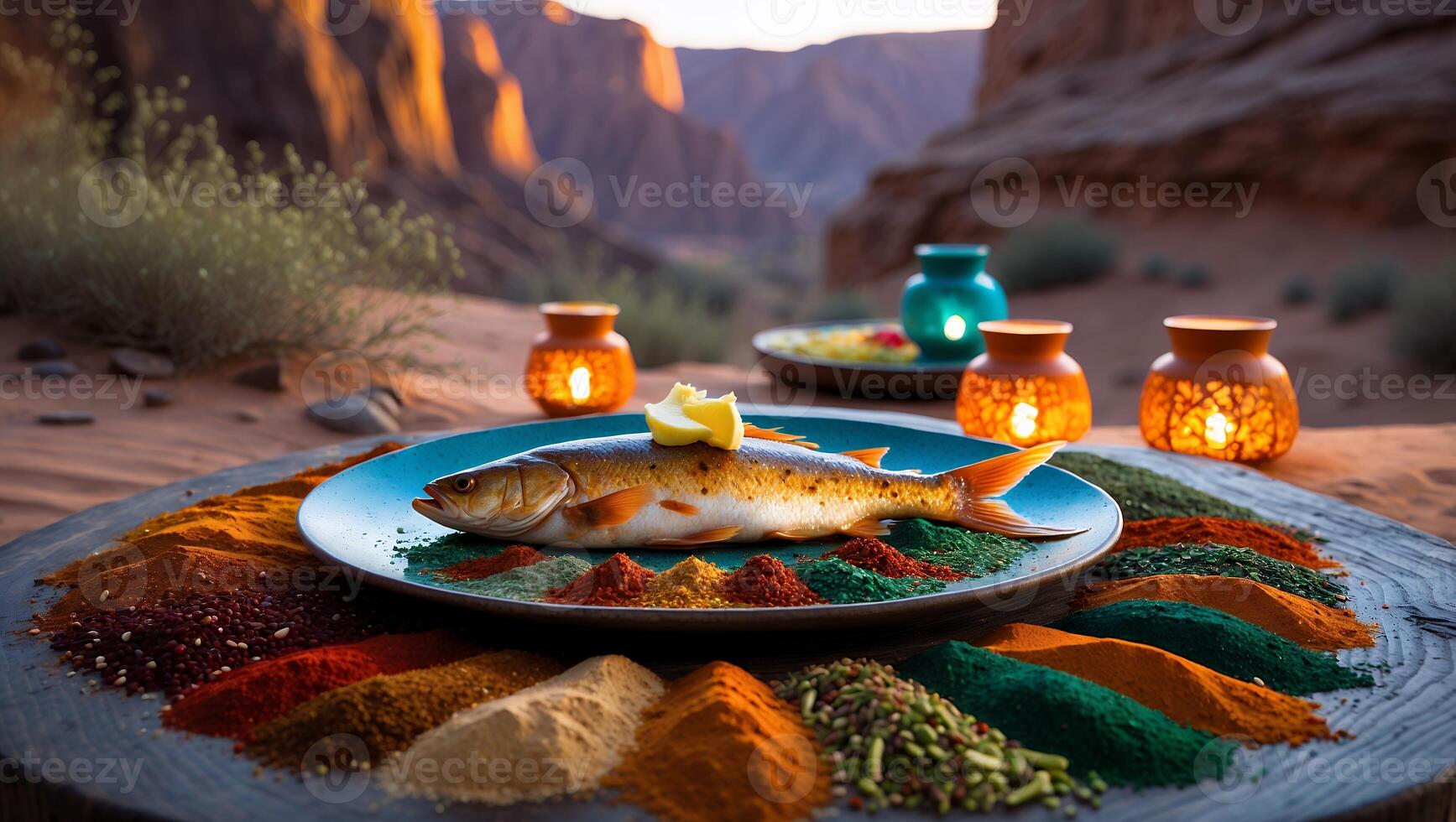 Fish on Plate with Spices in Desert Canyon Setting photo