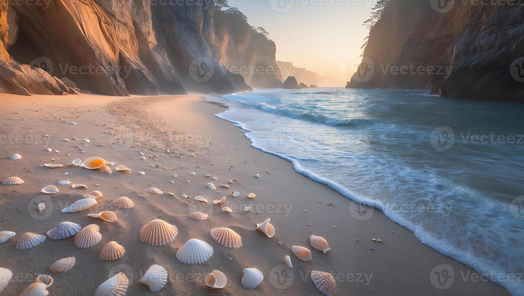 Tranquil Beach Scene with Seashells and Gentle Waves at Sunset photo