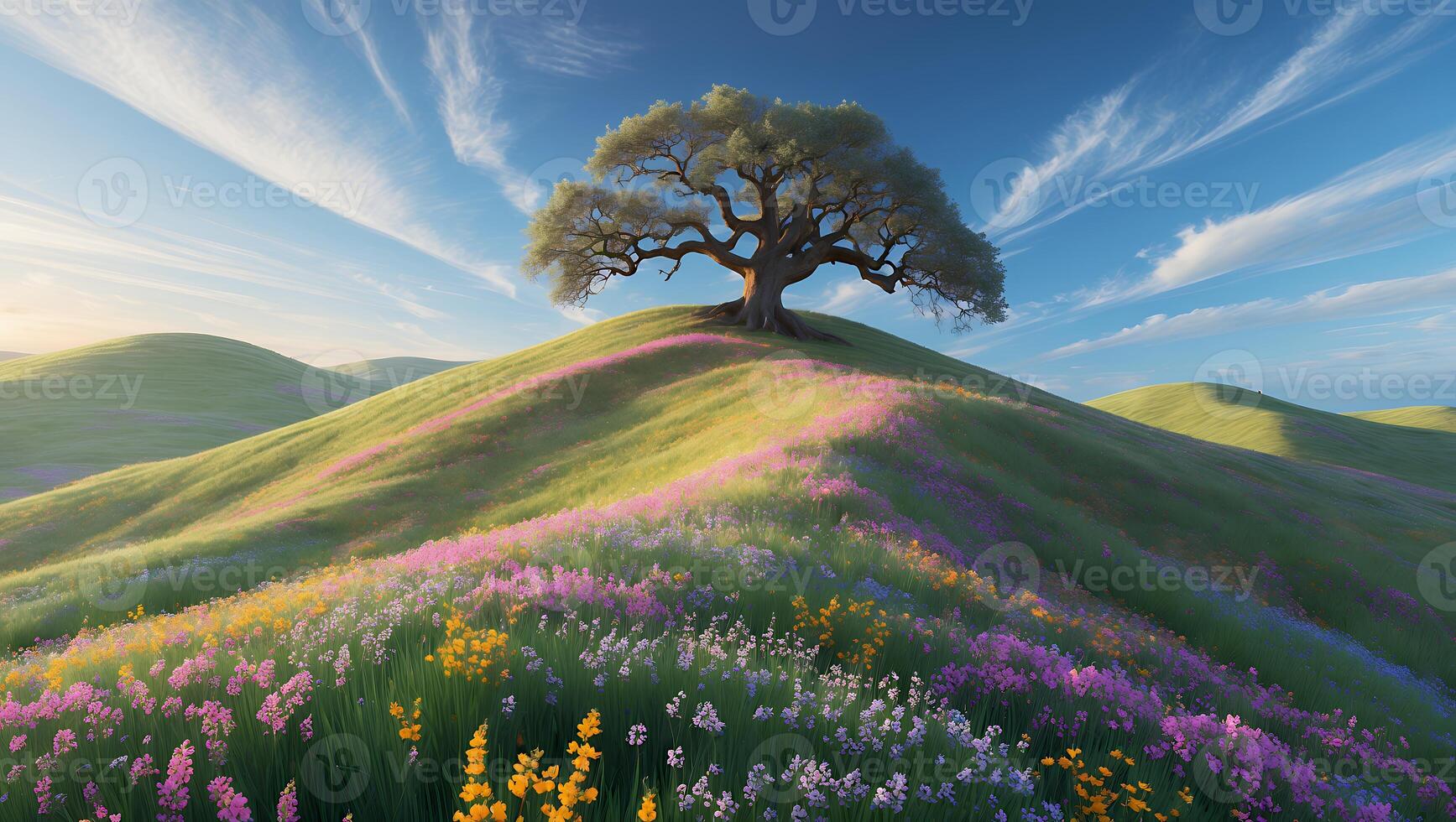 Scenic Green Hills with Spring Wildflowers and Lonely Tree Landscape photo