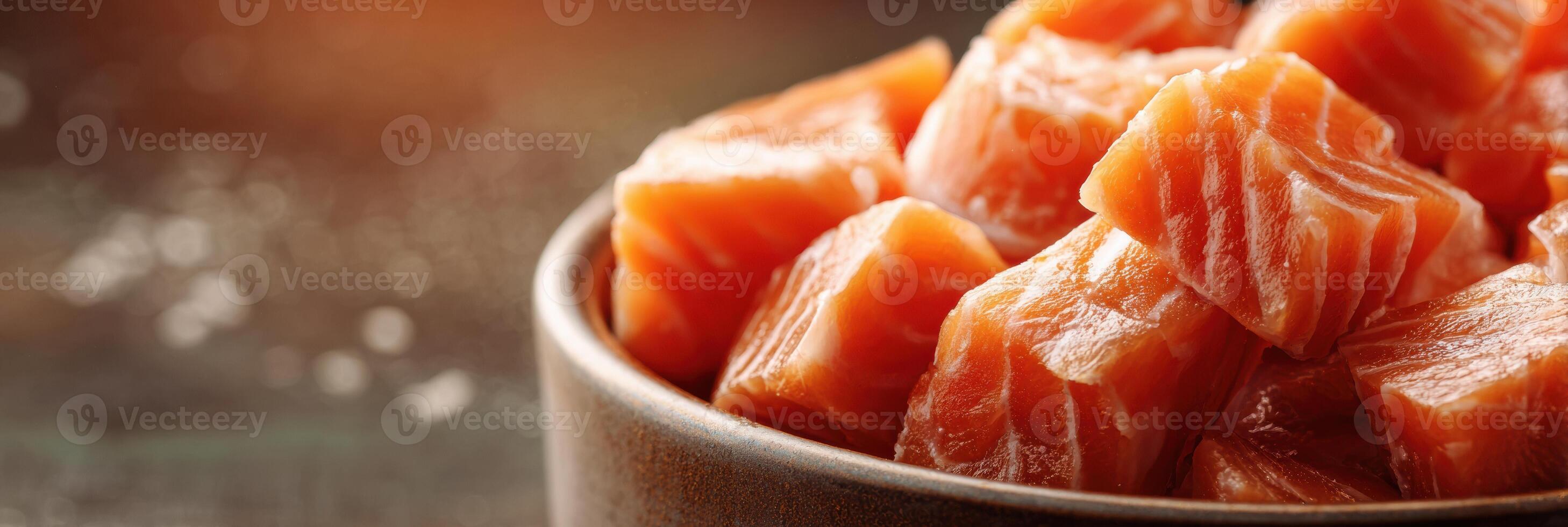 Fresh Salmon Chunks in Pet Bowl Ready for Meal Preparation and Serving for Pet Feeding Time photo