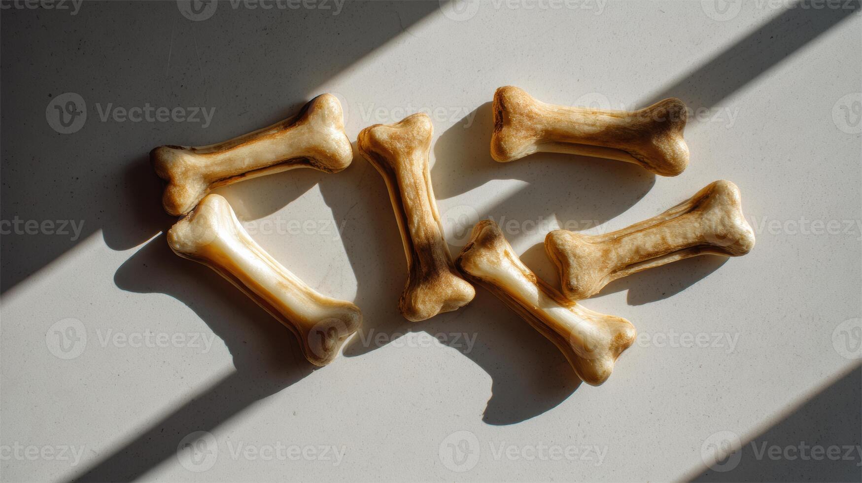 Delightful Dog Bone Treats Arranged in Natural Sunlight With Diagonal Shadow Play for Added Visual Interest photo
