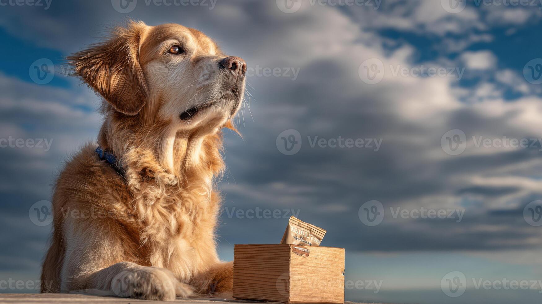 Golden Retriever Eagerly Awaits Treats Beside an Open Package Against a Bright Sky Background Capturing the Joy of Outdoor Playtime photo