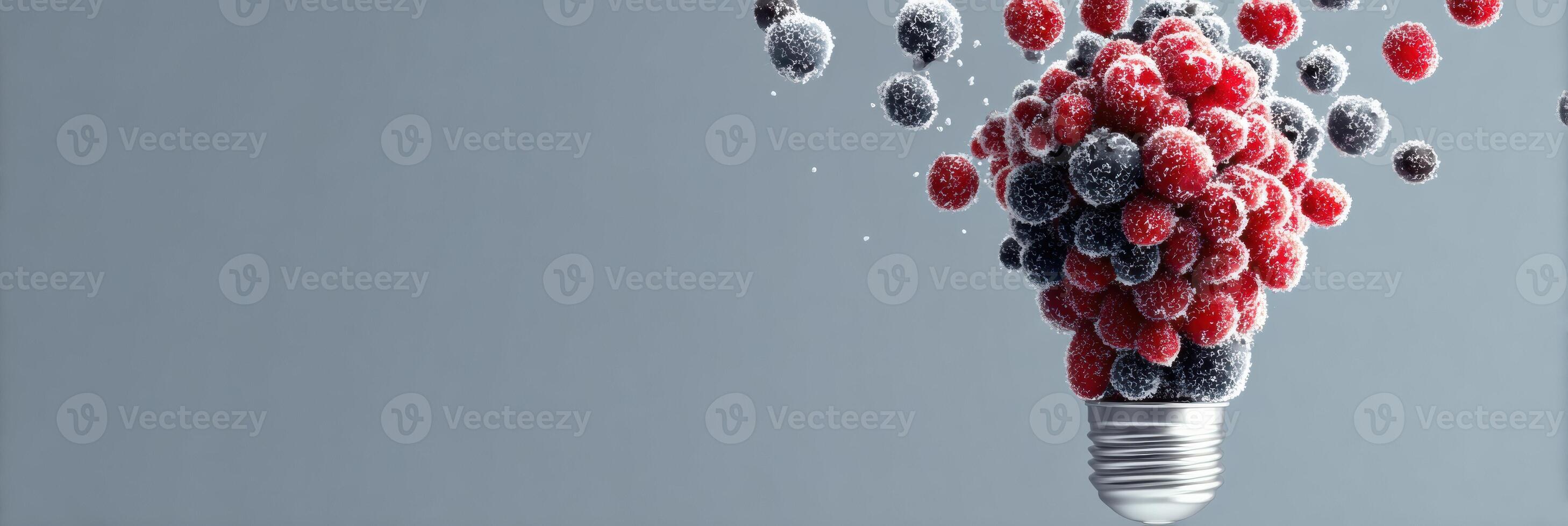 Visual Metaphor Showing a Light Bulb Filled With Berries Representing Innovation and Creativity Against a Minimalist Background photo