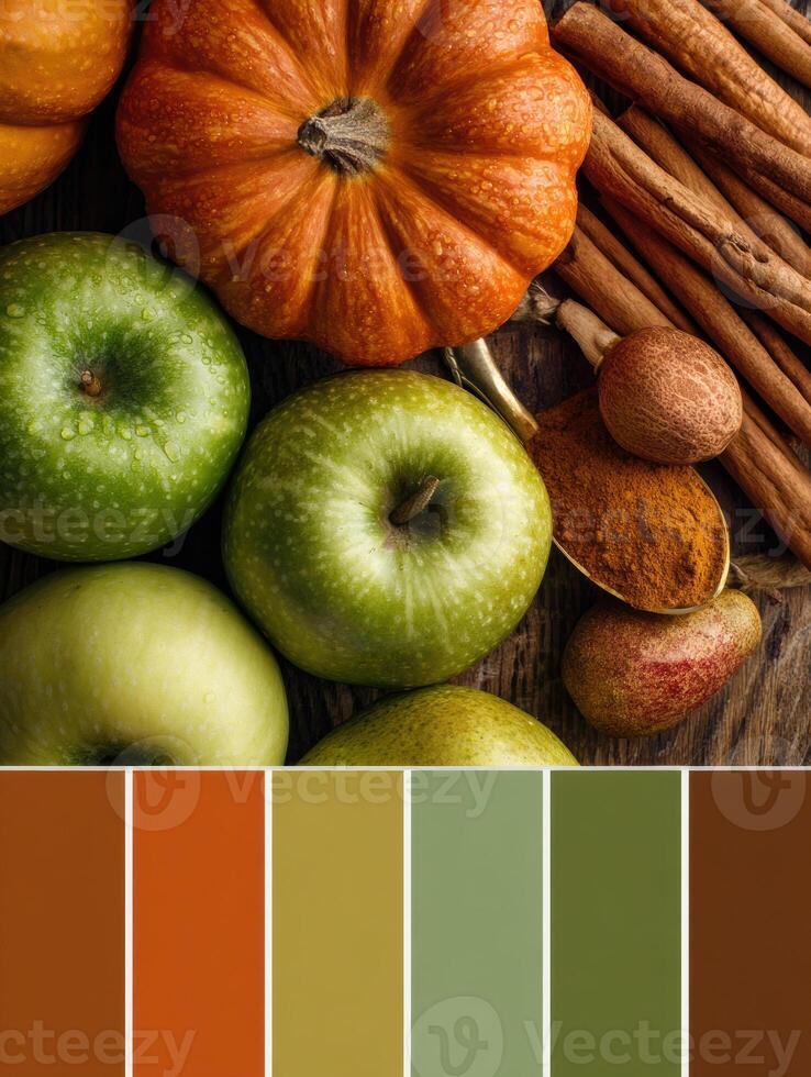 Warm Autumn Colors With Fresh Apples, Vibrant Pumpkins, and Fragrant Cinnamon Sticks Arranged Beautifully on a Rustic Wooden Surface photo